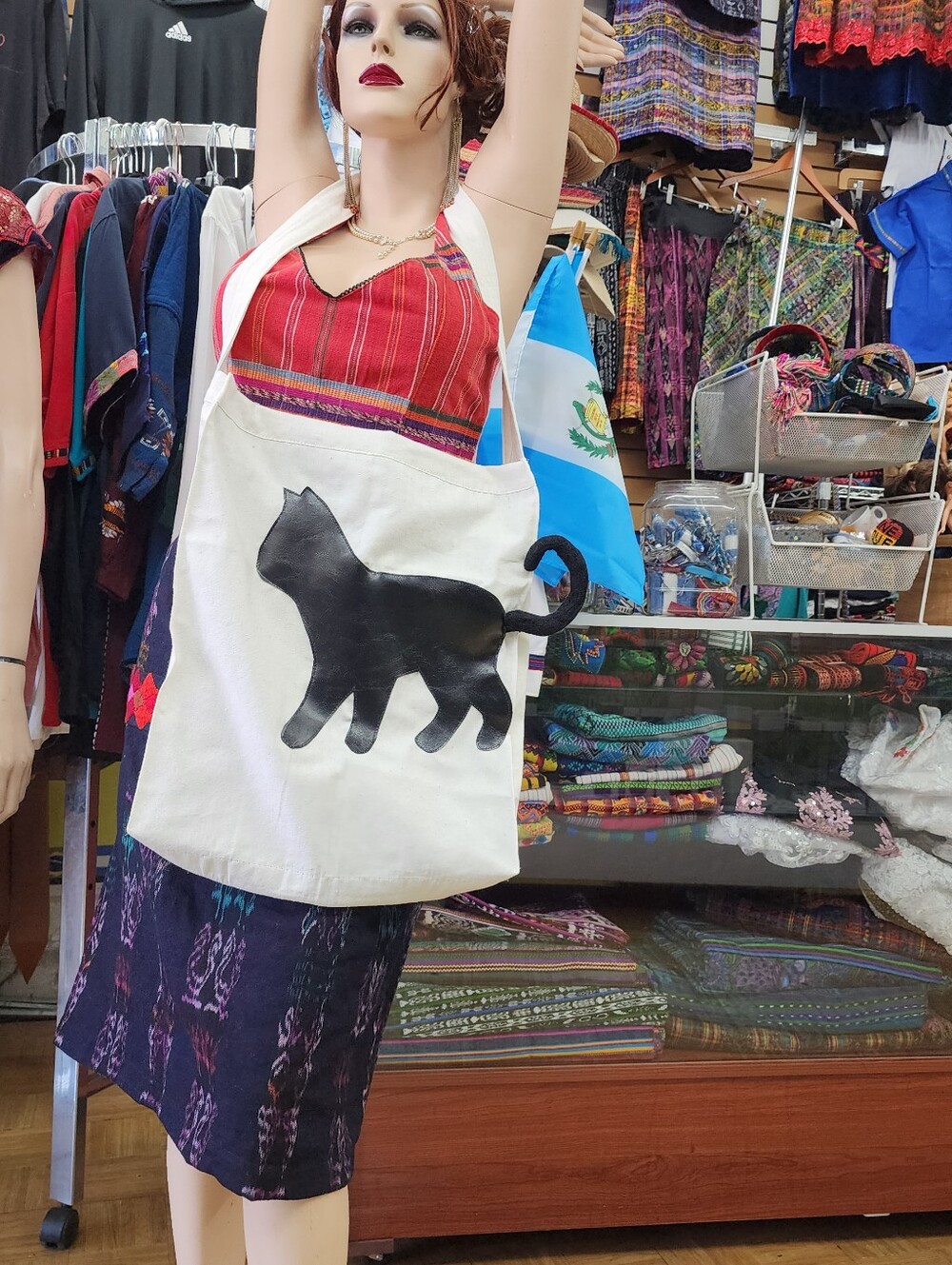 Canvas Tote Bag with Black Cat Silhouette - White